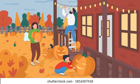 Familiär dekoriert für Halloween flache Vektorgrafik. Mutter und Vater verbringen Zeit mit Kindern. Heimlicher Garten. Kürbisschnitzerei. Eltern mit Sohn-2D-Zeichentrickfiguren mit Landschaft auf Hintergrund