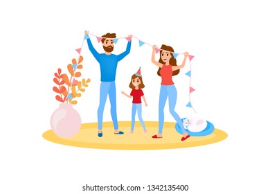 Family decorate home together. Happy girl have fun. Mother and father spend time with child. Isolated vector illustration in cartoon style.