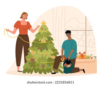 Family decorate xmas tree. Man and woman in apartment with toys. Comfort and cosiness in house. Preparing for winter holidays and New Year. Culture and traditions. Cartoon flat vector illustration