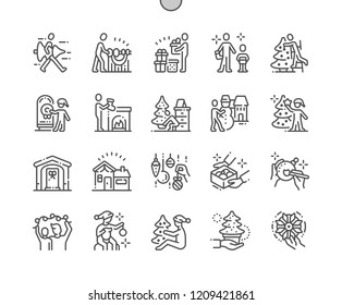 Family decorates the Christmas home Well-crafted Pixel Perfect Vector Thin Line Icons 30 2x Grid for Web Graphics and Apps. Simple Minimal Pictogram