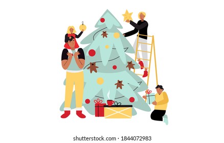 Family decorates the Christmas tree with garlands and toys at home. Winter illustration