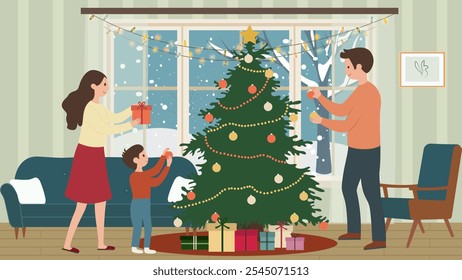 Family decorates the Christmas tree in the living room. Mom, father and son decorate the Christmas tree with balls and give gifts. New Year's living room. Family holiday.