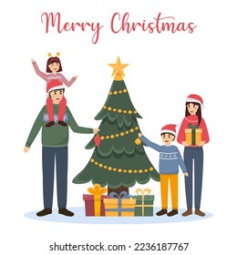 The family decorates the Christmas tree. Mom, dad, son and daughter. New Year and Christmas. Vector illustracion
