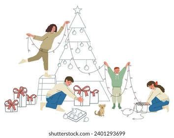 The family decorates the Christmas tree for the New Year and Christmas. Vector graphic illustration isolated on white background.