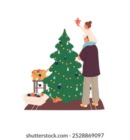 Family decorates Christmas tree with ornaments together. Parent, kid preparing to Xmas. Father holds child on shoulder for home decoration at winter holiday. Flat isolated vector illustration on white