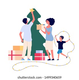 Family decorates christmas tree. Smiling mom, dad and kids celebrate christmas at home. Xmas and winter holiday vector flat concept