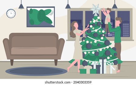 family decorates the Christmas tree. Vector illustration. flat style. Happy family are preparing for the holiday. Star, Christmas balls, light bulbs on the tree. New Year elements for decoration. 