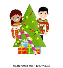 Family decorates the tree. Celebrating Christmas and new year. A man and a woman in red sweater with the pattern. Boxes of gifts, garlands and lights. Happy couple. Cartoon flat illustration
