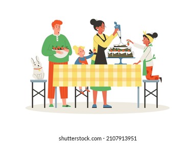 Familia decorando bellas tartas, ilustración vectorial de caricatura plana aislada en fondo blanco. Vacaciones familiares y actividades recreativas en casa juntas.