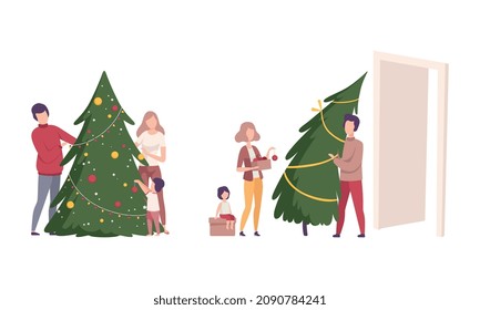 Family Decorating Christmas Fir Tree with Baubles and Garland Vector Illustration Set
