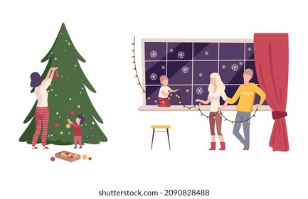 Family Decorating Christmas Fir Tree and Window with Baubles and Garland Vector Illustration Set