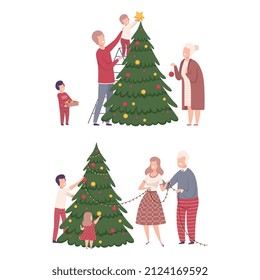Family Decorating Christmas Fir Tree with Baubles and Garland Vector Illustration Set