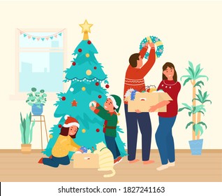 Family Decorating Christmas Three At Home. Father Hanging Christmas Wreath, Mother Holding Box With Toys And Garlands. Children With Cat Decorating Christmas tree. Flat Vector Ilustration.