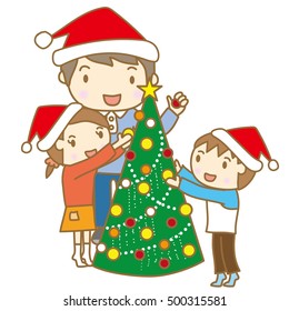 Family decorating Christmas tree