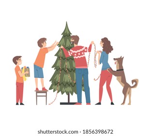 Family Decorating Christmas Tree with Baubles and Garland, Parents, Kids and Dog Preparing for Holiday Celebration, Merry Xmas and New Year Cartoon Style Vector Illustration