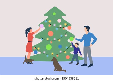 Family decorating the Christmas tree. Dad helps his son hang a toy. The house dog watches the cat which rubs against mother's legs. People are preparing for the New Year. Vector illustration.