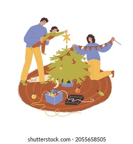 The family is decorating the Christmas tree. Father holds his daughter in his arms. The girl hangs a star on the top of the Christmas tree. A woman hangs up a garland. Flat style, vector illustration.