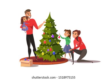 Family decorating Christmas tree flat illustration. Parents with kids celebrating New Year holidays together. Mother and father with children hanging Xmas tree toy. Parenthood, happy childhood moment