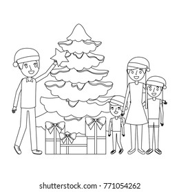 family decorating christmas tree and gift boxes