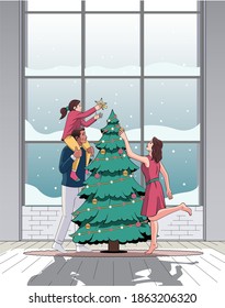 family decorating Christmas tree at home on a snowy day illustration in comic vintage style  for instagram story or greeting card