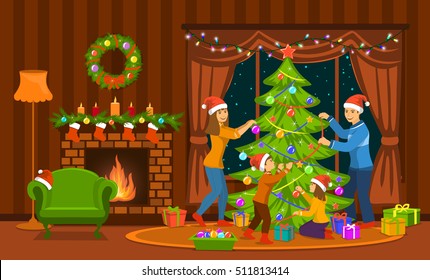 Family decorating christmas tree in living room at home scene
