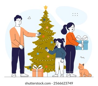 Family decorating Christmas tree. Man, woman and girl put gift boxes under Christmas tree. Winter holiday and festival, Noel Eve. People with presents. Linear vector illustration