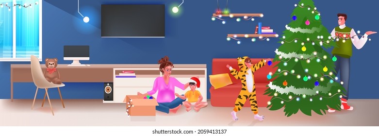 family decorating christmas tree merry xmas happy new year holidays celebration concept living room interior
