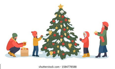 Family Decorating Christmas Tree. Mother, Father And Children In Warm Clothes Decorate Christmas Tree Outside On White Background.