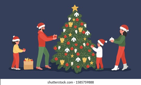 Family decorating Christmas tree. Mother, father and children wearing in Santa hats decorate Christmas tree at home.