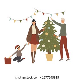 Family decorating a Christmas tree for the New Year. Father are hanging balls, mother hung garland and their baby submits toys. People are celebrating Christmas. Vector illustration