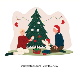 Family decorating the Christmas tree. New year celebrations.