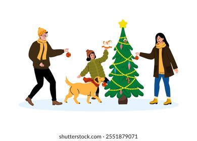 Family decorating a Christmas tree with ornaments and a dog in winter setting