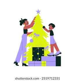 Family decorating a Christmas tree with presents underneath, symbolizing holiday celebration, togetherness, and festive cheer. Flat vector illustration, isolated on white background.