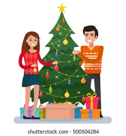 Family decorating christmas tree. Christmas room interior with love couple and gifts. Cozy home holiday. Flat style vector illustration.