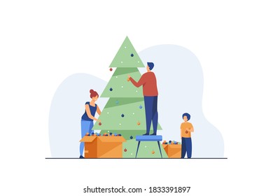 Family decorating Christmas tree together. Holiday, New Year, celebration. Flat vector illustration. Holiday concept can be used for presentations, banner, website design, landing web page