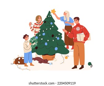 Family decorating Christmas tree together for winter holiday. Happy parents and children preparing Xmas decoration, baubles and garland at home. Flat vector illustration isolated on white background