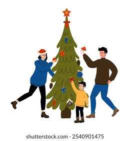 Family decorating a Christmas tree together in a warm, festive home setting