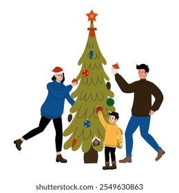 Family decorating a Christmas tree together in a cozy home setting during the holiday season