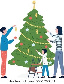 A family is decorating a Christmas tree together