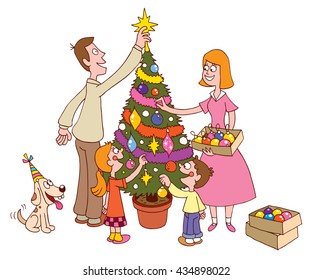 Family decorating Christmas tree together
