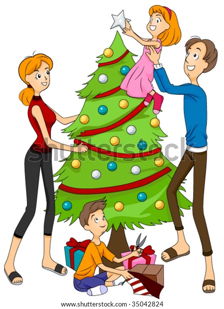 Family Decorating Christmas Tree Vector Stock Vector (Royalty Free ...