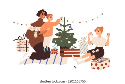 Family decorating Christmas tree for winter holiday. Happy mother and kids preparing for Xmas with fir baubles, ornaments, home decorations. Flat vector illustration isolated on white background