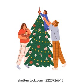 Family decorating festive Christmas fir tree with holiday baubles, ornament. Parents and toddler with winter decoration during Xmas preparations. Flat vector illustration isolated on white background.