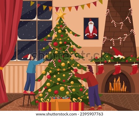 Family decorating fir tree for Christmas or New Year. Vector illustration of home with woman and child making decoration for Xmas tree. Merry Xmas card. Winter holiday eve. Wintertime celebration