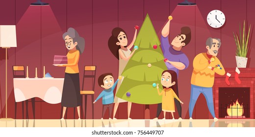 Family decorating fir tree and preparing to celebrate christmas at home cartoon vector illustration