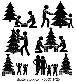 Family Decorating New Year / Christmas Tree Together. Happiness Concept. Stick Figure Pictogram Icon Vector