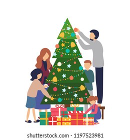 Family decorating together Christmas tree