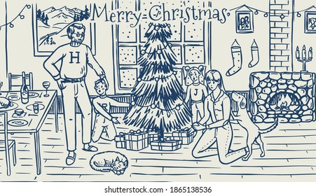 The family is decorating the tree for Christmas. Mom Dad Dog Cat and Children at the window with a fireplace at home. Cozy atmosphere. Winter concept. Hand drawn sketch. Vintage engraved illustration