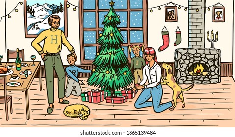 The family is decorating the tree for Christmas. Mom Dad Dog Cat and Children at the window with a fireplace at home. Cozy atmosphere. Winter concept. Hand drawn sketch. Vintage engraved illustration