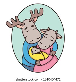Family of deer or moose in an oval frame. Dad, mom, newborn. Father, mother and baby. True love. Cartoon animal character vector illustration isolated on white background.